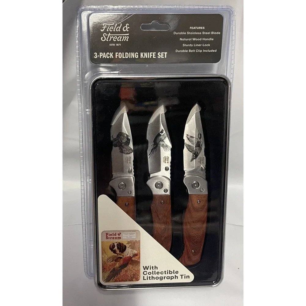 FIELD AND STREAM RACING THE‎ GREYHOUNDS BIRD 3 KNIFE SET WOOD HANDLES